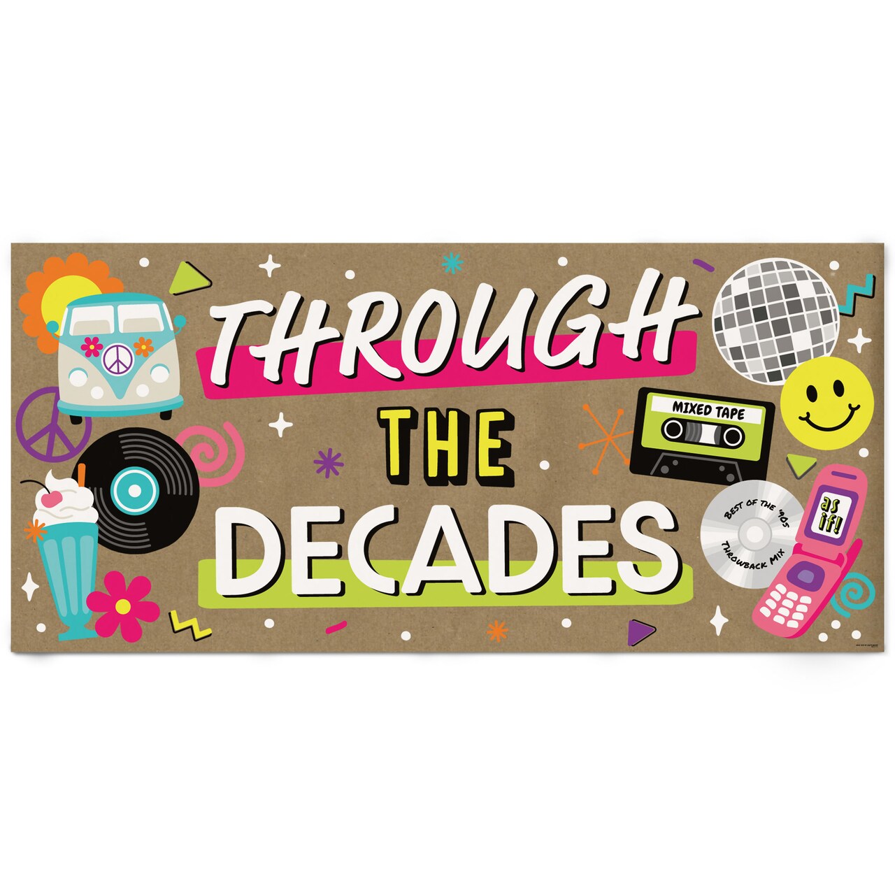 Big Dot of Happiness Through the Decades Kraft Paper Banner, 50s 60s 70s 80s & 90s-Themed Throwback Retro, Printed Brown Paper Party Sign Decor – 1 Ct